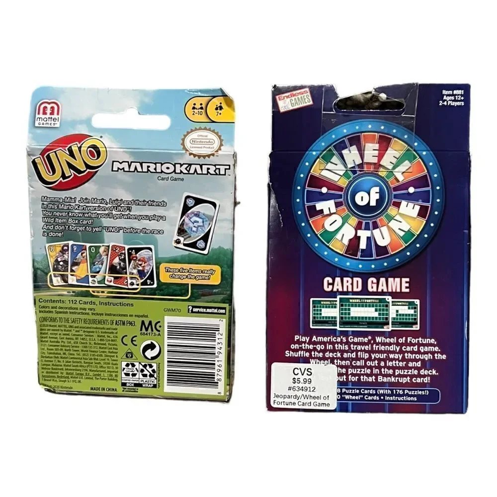 UNO and Wheel of Fortune Card Games Lot of Two Mario Kart New